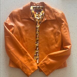 Nicola Berti Orange Leather Jacket with Retro Geometric Lining